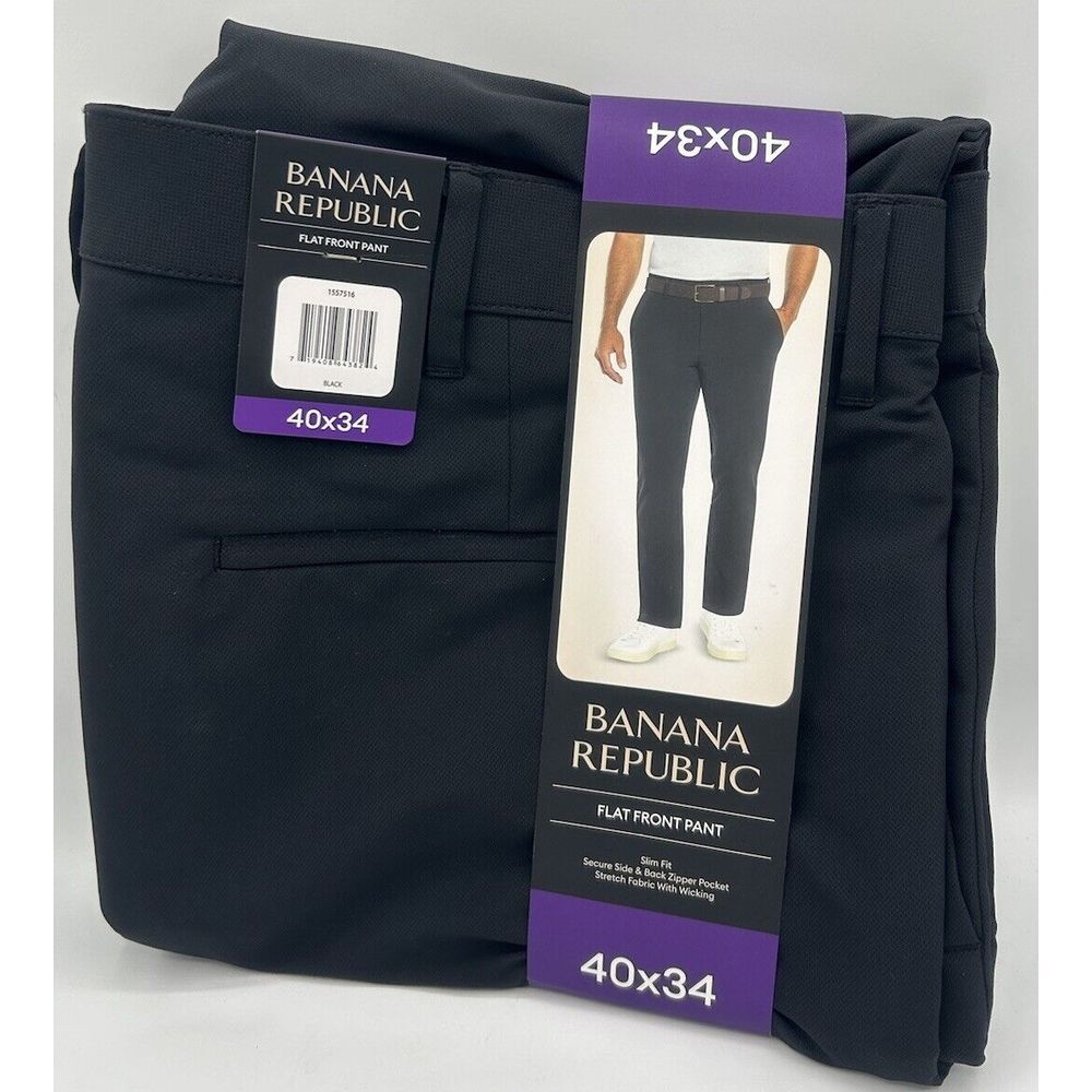 Banana Republic Men's Flat‎ Front Pant Black Slim Fit Stretch Fabric 40x34 NWT